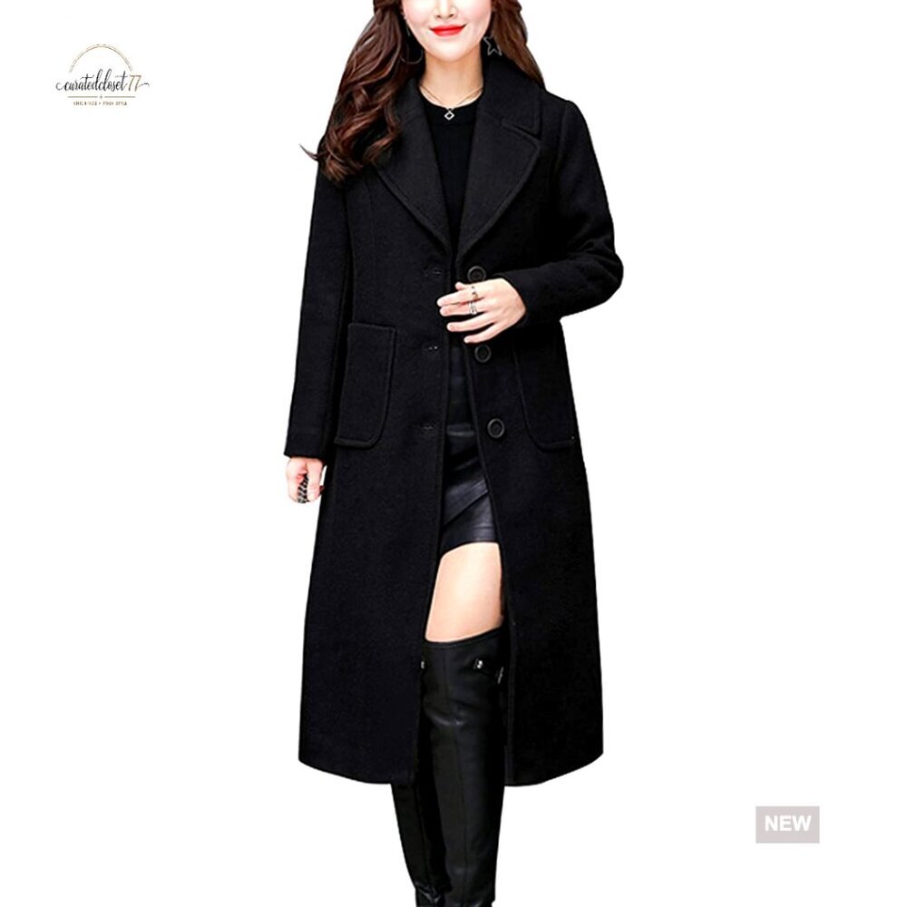 Wool Blend Notch Lapel Single Breasted Mid-Length Coat Slim Fit